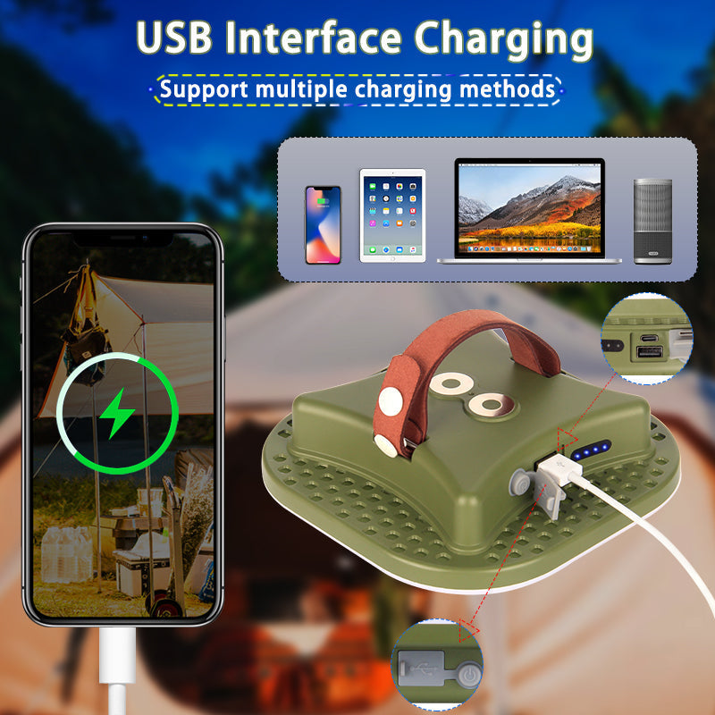 Bright 80W LED camping lamp, USB rechargeable, solar-powered, with strong magnetic grip