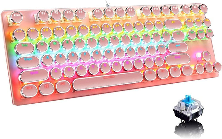 87-key RGB mechanical gaming keyboard with blue switches, vibrant backlighting for PC gaming setup