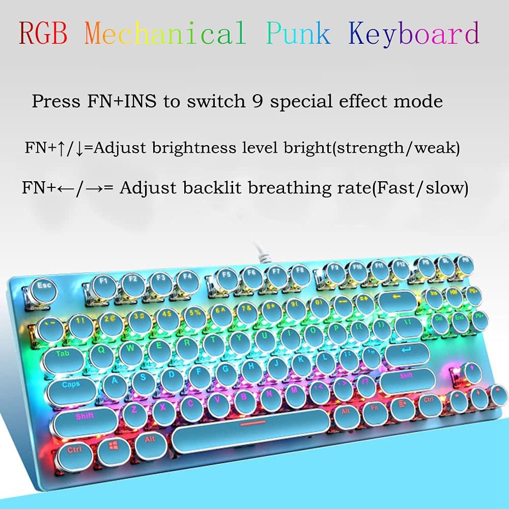 87-key mechanical gaming keyboard with customizable RGB lighting and durable blue switches