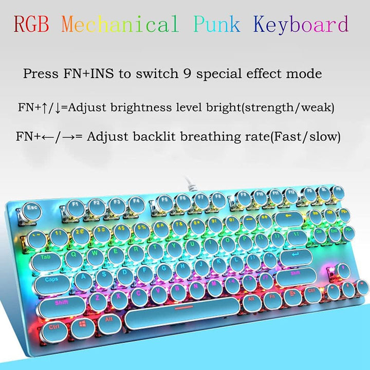 87-key mechanical gaming keyboard with customizable RGB lighting and durable blue switches