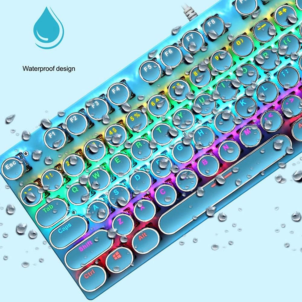 Detail of blue switch on 87-key mechanical gaming keyboard, RGB backlight illuminating keycap