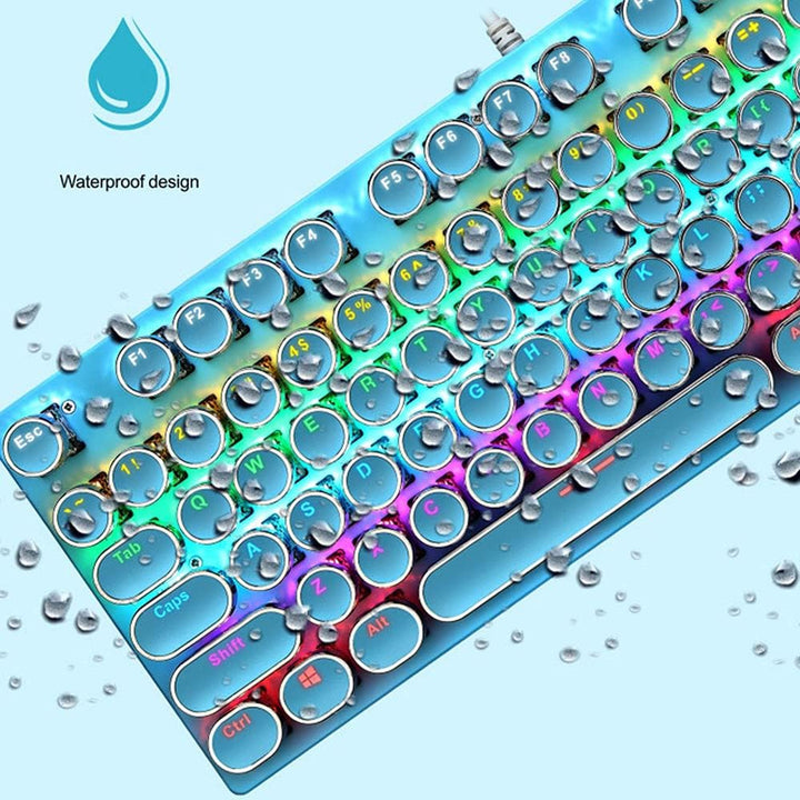 Detail of blue switch on 87-key mechanical gaming keyboard, RGB backlight illuminating keycap