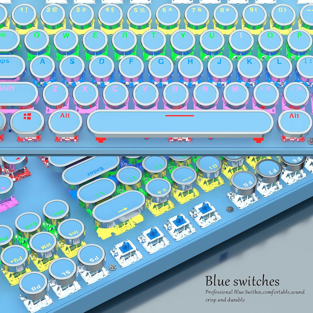 Angle shot of 87-key RGB mechanical gaming keyboard, showcasing illuminated blue switches