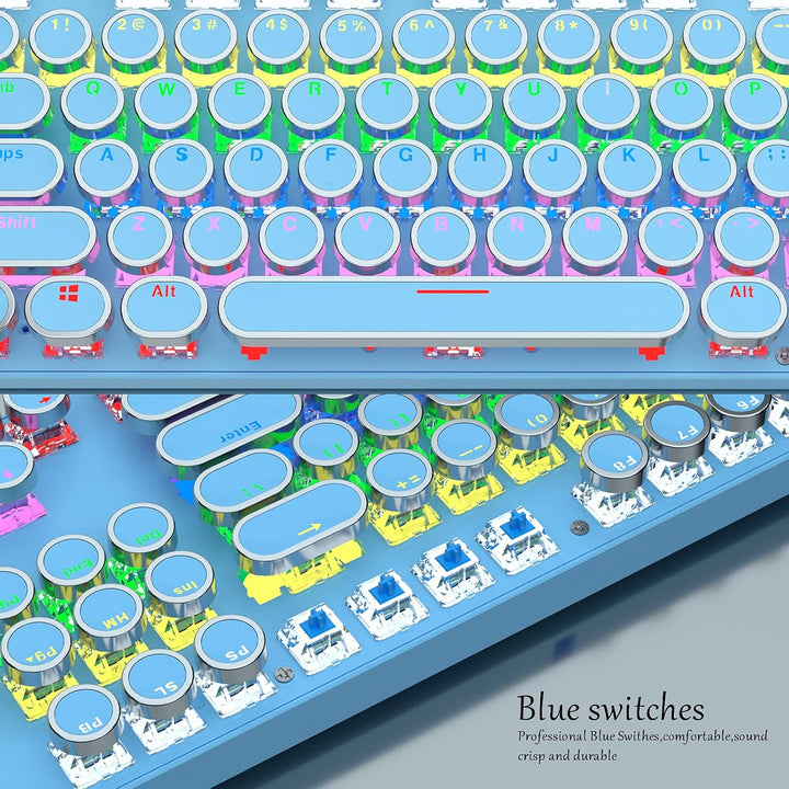 Angle shot of 87-key RGB mechanical gaming keyboard, showcasing illuminated blue switches