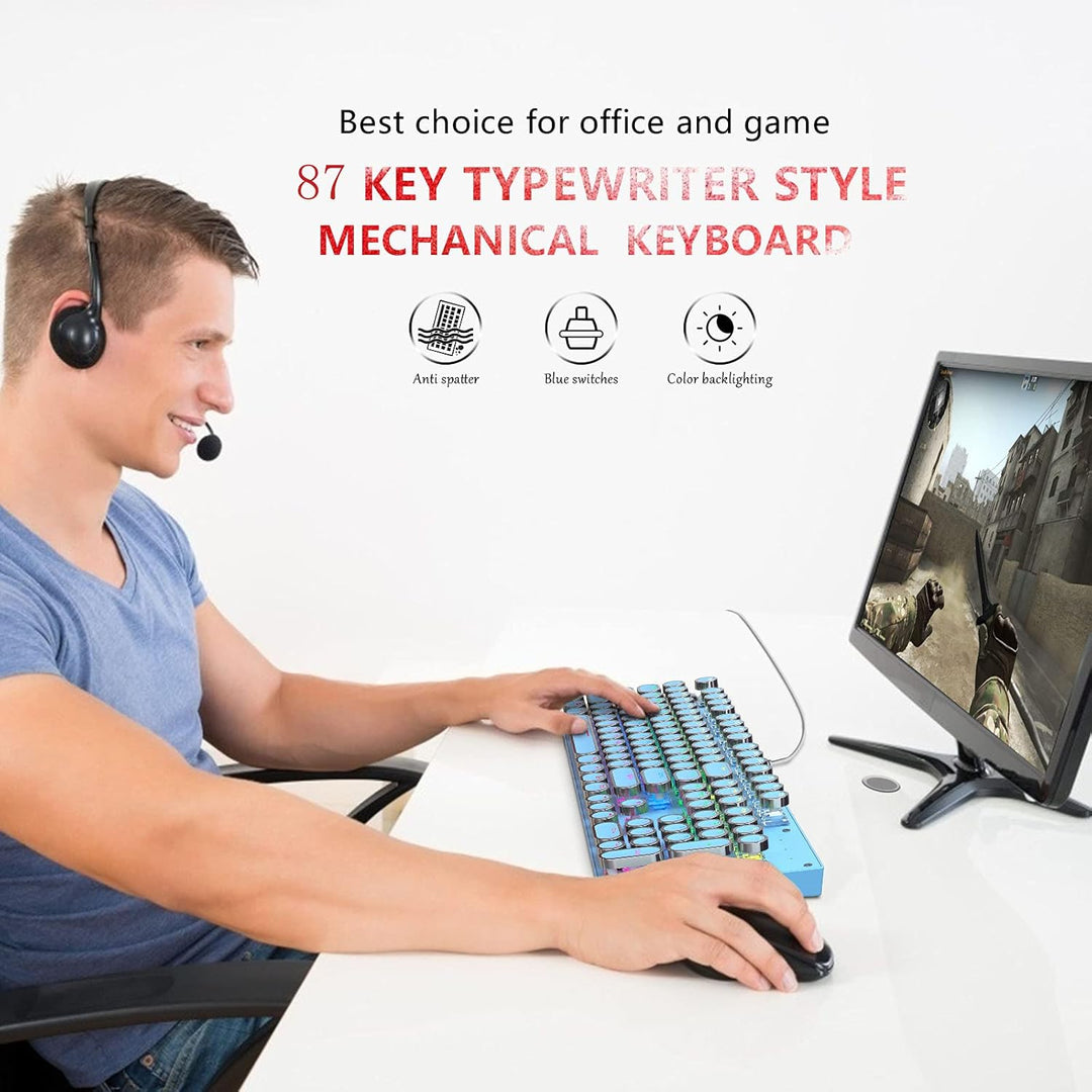 Sleek 87-key mechanical gaming keyboard, backlit with dynamic RGB colors, blue switches