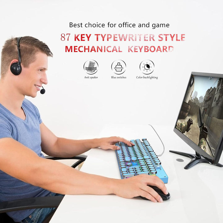 Sleek 87-key mechanical gaming keyboard, backlit with dynamic RGB colors, blue switches