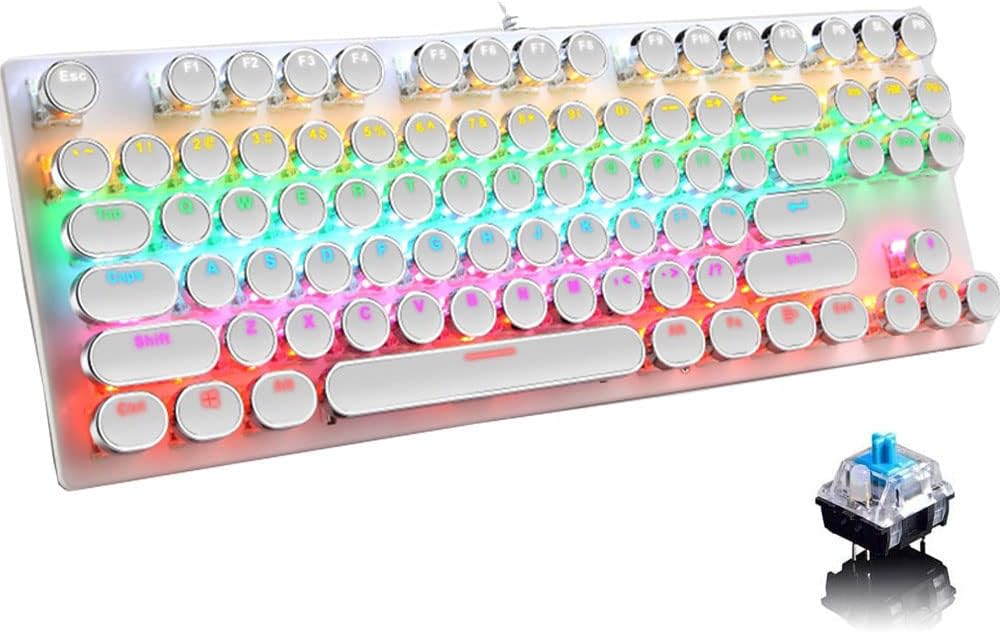 Close-up of keycaps on 87-key RGB mechanical gaming keyboard, blue switch underneath