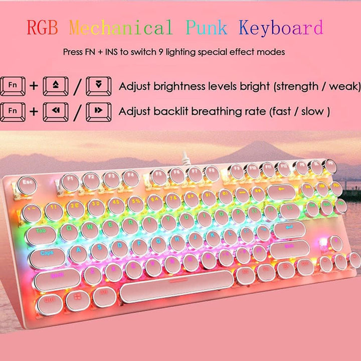 Close-up of 87-key mechanical gaming keyboard, RGB backlighting highlights blue switches