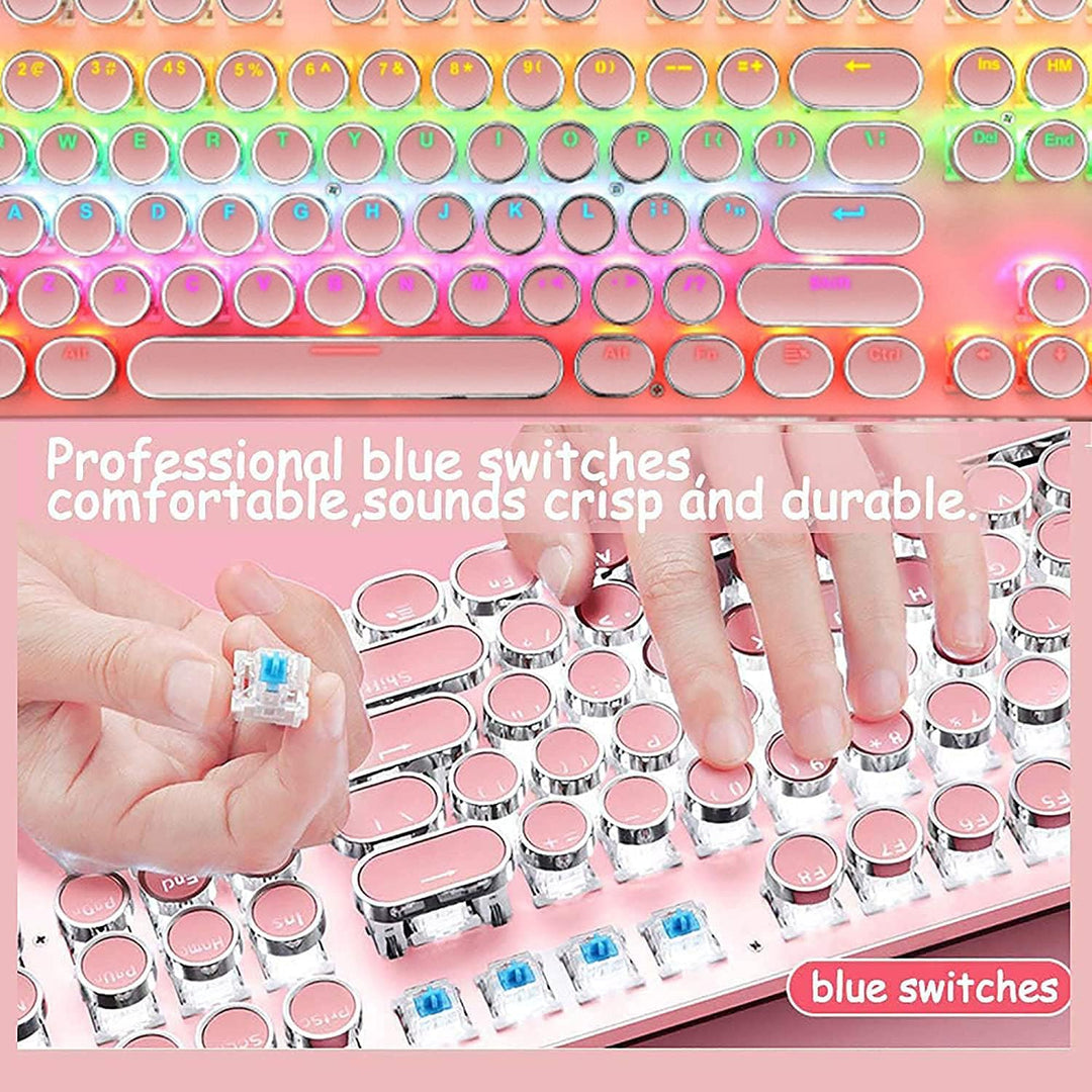 Bright RGB backlit 87-key mechanical gaming keyboard, clear view of blue switches