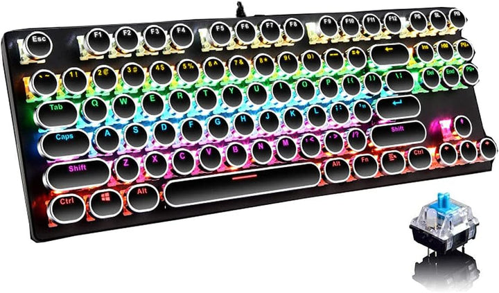 87-key mechanical gaming keyboard, user view, RGB backlit keys and audible blue switches