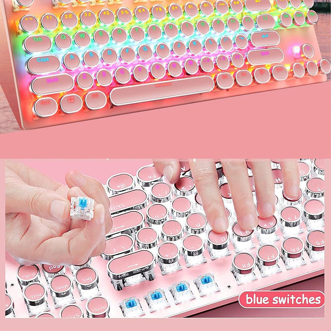 Close-up of arrow keys on 87-key RGB mechanical gaming keyboard, blue switch tactile feel