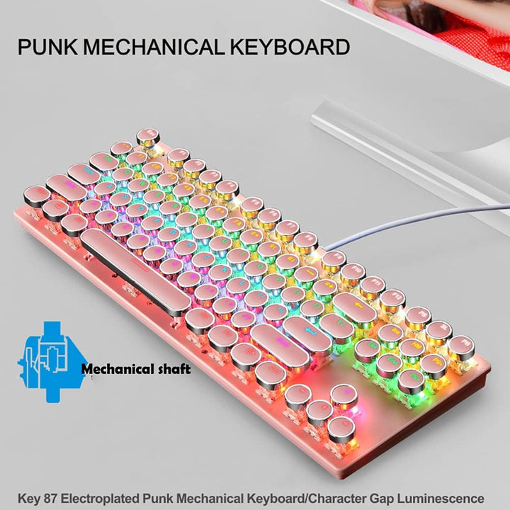 87-key RGB mechanical gaming keyboard on desk, bright backlighting for immersive PC gaming