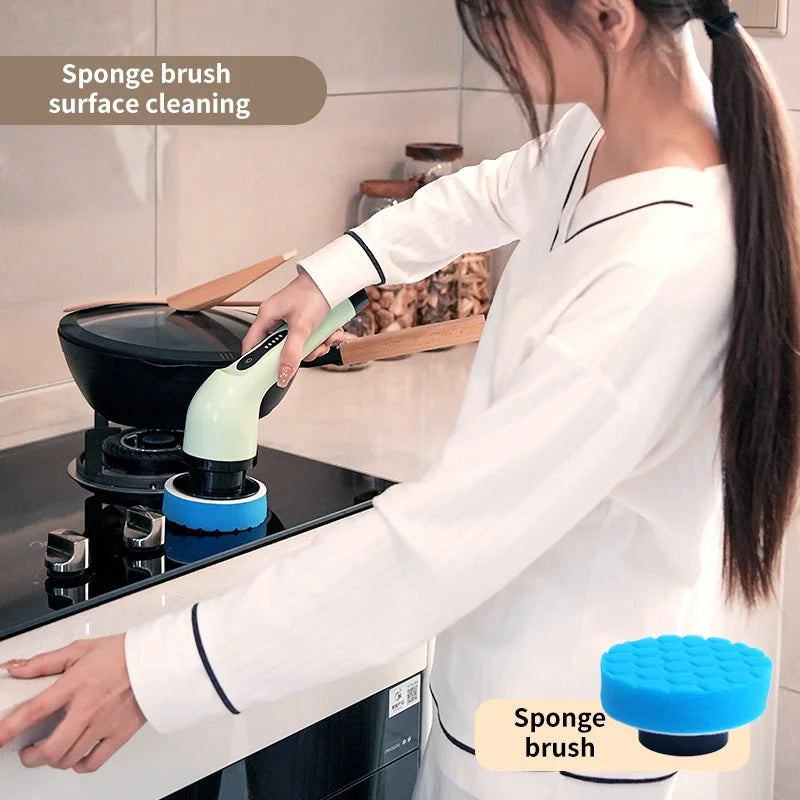 Cordless electric cleaning brush showcasing its LED screen and various interchangeable heads