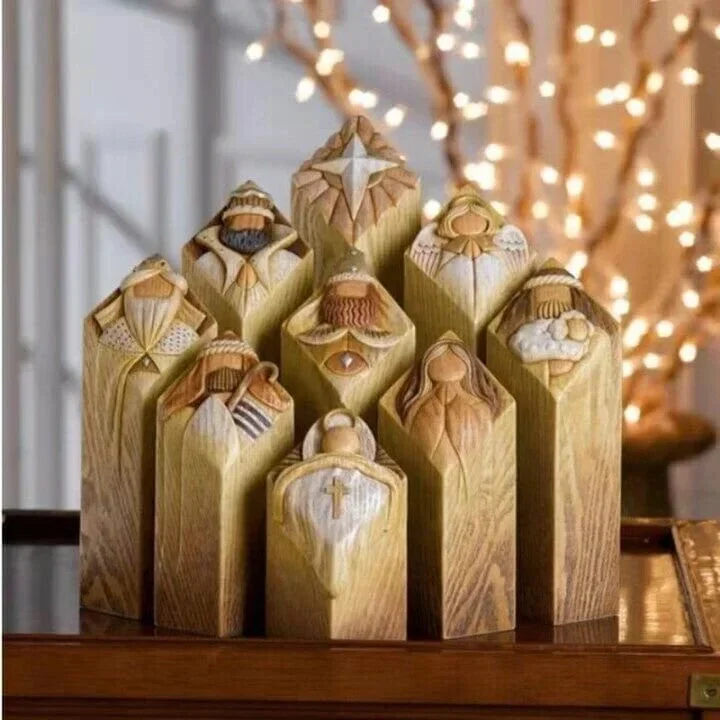 9-piece resin Nativity Scene pillar statues. Detailed Christmas religious decor set, ideal spiritual home gift.