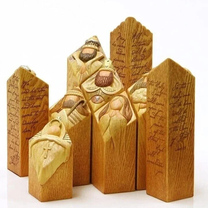 Complete Christian Nativity scene: Mary, Joseph, baby Jesus, Wise Men, shepherds. 9 resin pillar statues.