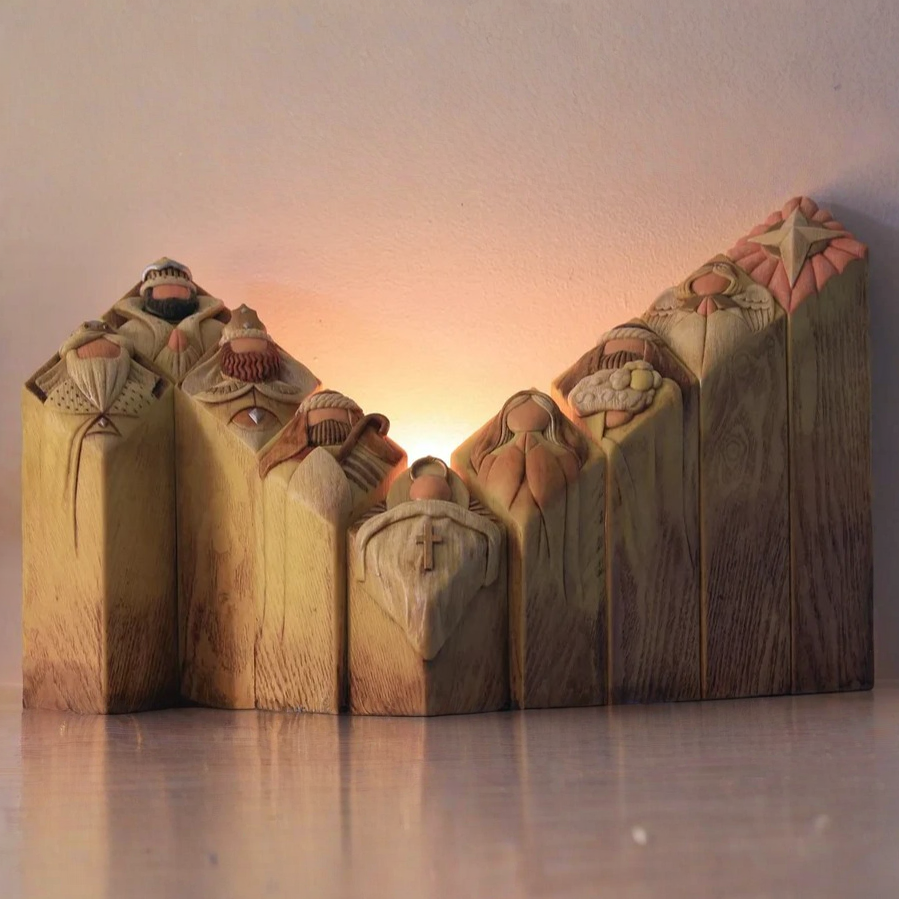 Elegant 9-piece Nativity pillar statues. Religious Christmas decor, perfect for mantel, shelf or display.