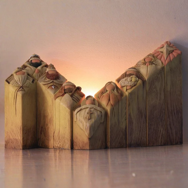 Elegant 9-piece Nativity pillar statues. Religious Christmas decor, perfect for mantel, shelf or display.