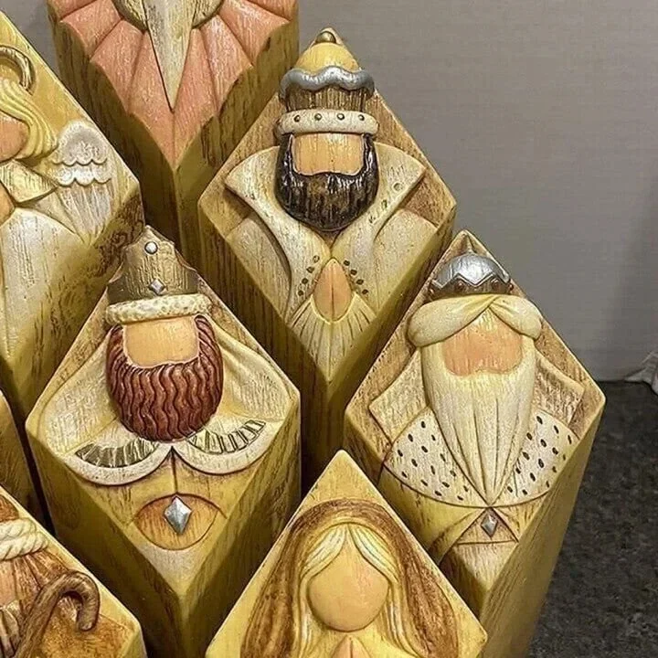 Hand-painted resin Nativity scene figurines. Detailed Christian Christmas pillar statues for spiritual display.