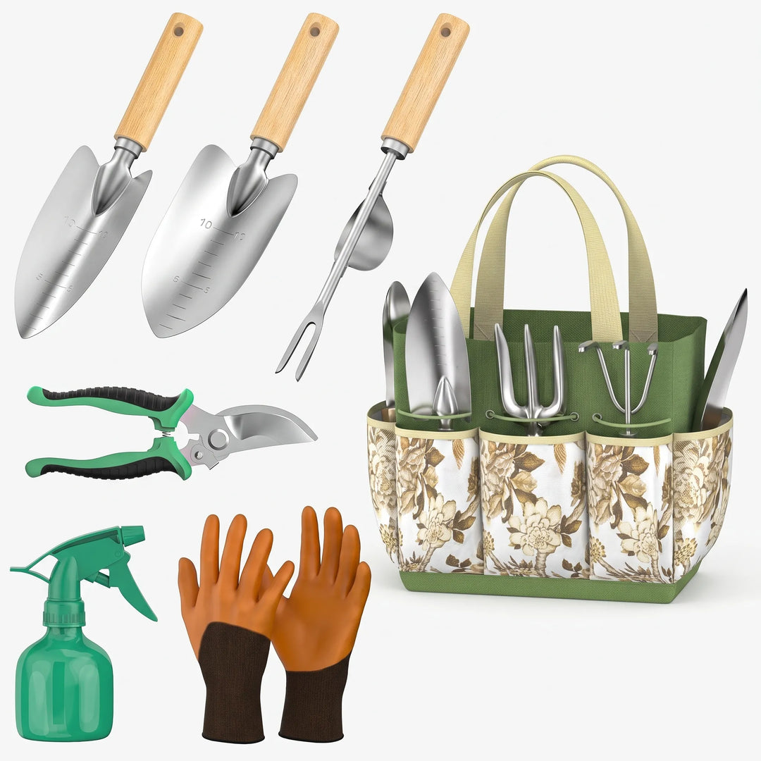 Ergonomic wood handle gardening tools, 9-piece set with stainless steel heads & convenient storage tote.