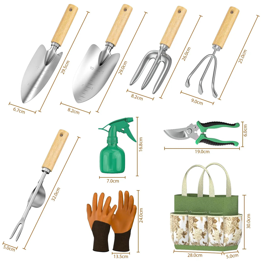 Home garden essential: 9-piece stainless steel gardening tools for outdoor planting, cultivating & weeding.