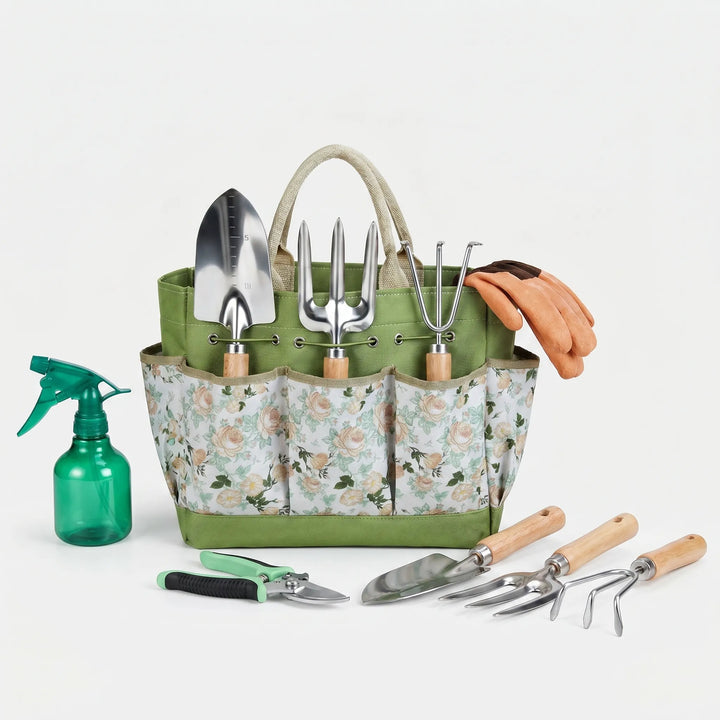 Detailed view of 9-piece gardening tool set including hand trowel, weeder, cultivator, & soft grip tote.