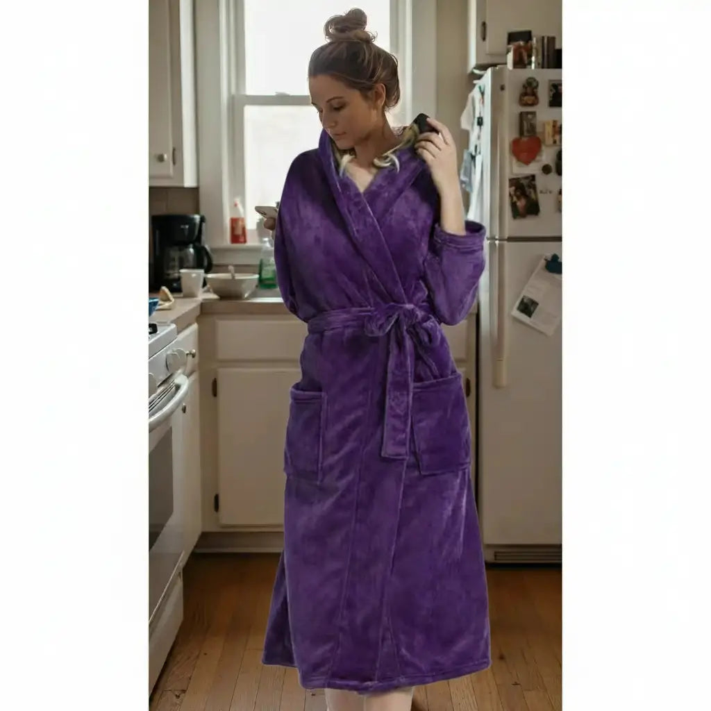 Dark Purple - Women's Fleece Hooded Bathrobe