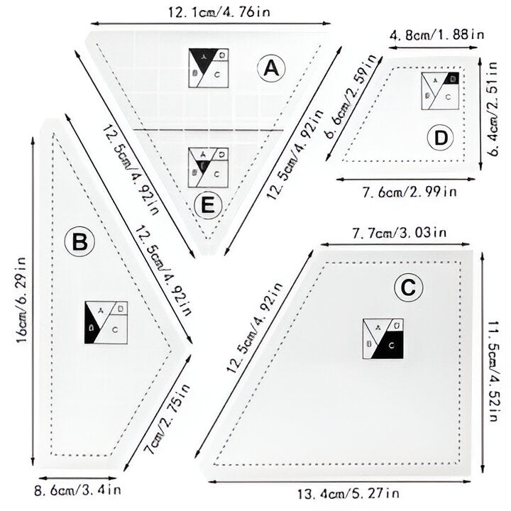 Acrylic quilting templates (4-pcs) for sewing, crafting, and DIY fabric cutting. Essential quilting tools for creative designs.