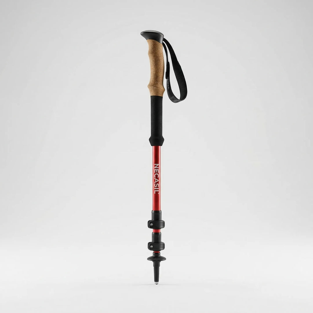 Collapsible adjustable trekking poles for easy portability, customized height, and comfortable trail walking.