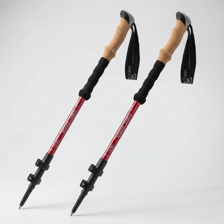 Unisex trekking poles with ergonomic grips & adjustable height, ideal outdoor gear for all hikers.