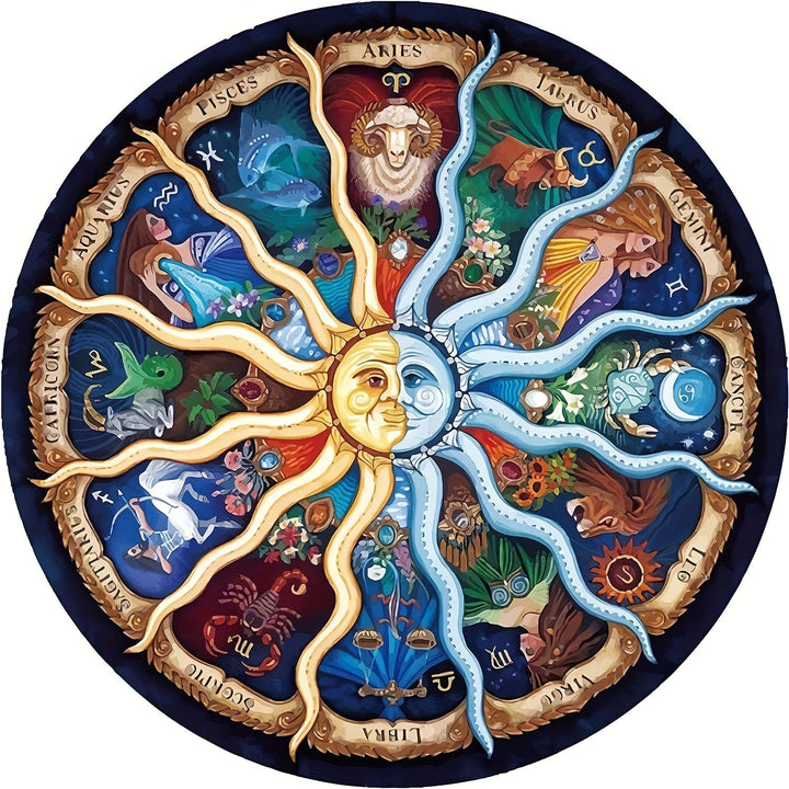 A vibrant 1000-piece round zodiac puzzle featuring intricate astrological star signs and celestial art.