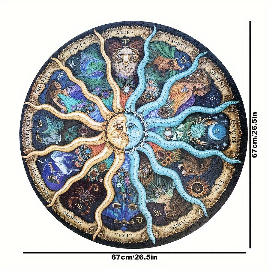 Fully assembled 1000-piece round adult puzzle, showcasing all twelve detailed zodiac constellations.