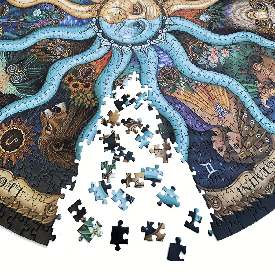 Close-up of a challenging 1000-piece round celestial puzzle with unique zodiac design for adults.