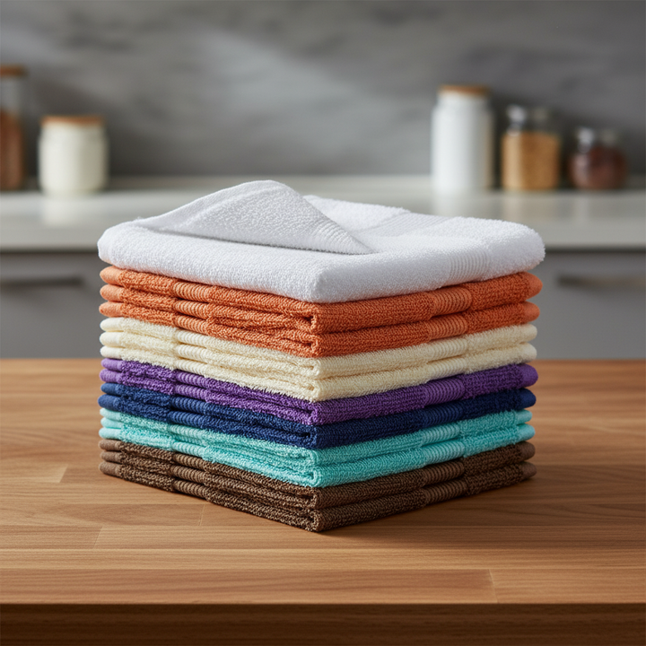 Absorbent cotton dish towel in robust weave for kitchen cleaning