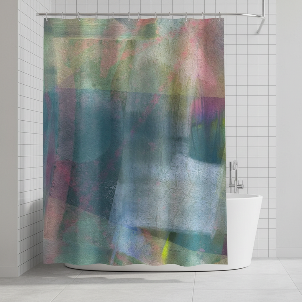 Abstract art waterproof polyester shower curtain with nebula design, multiple colors, for modern bathroom decor.