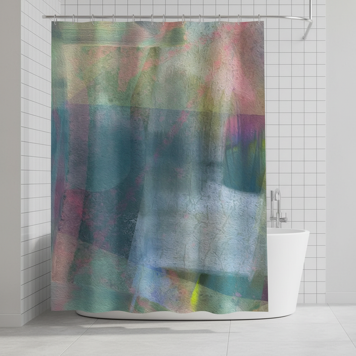 Abstract art waterproof polyester shower curtain with nebula design, multiple colors, for modern bathroom decor.