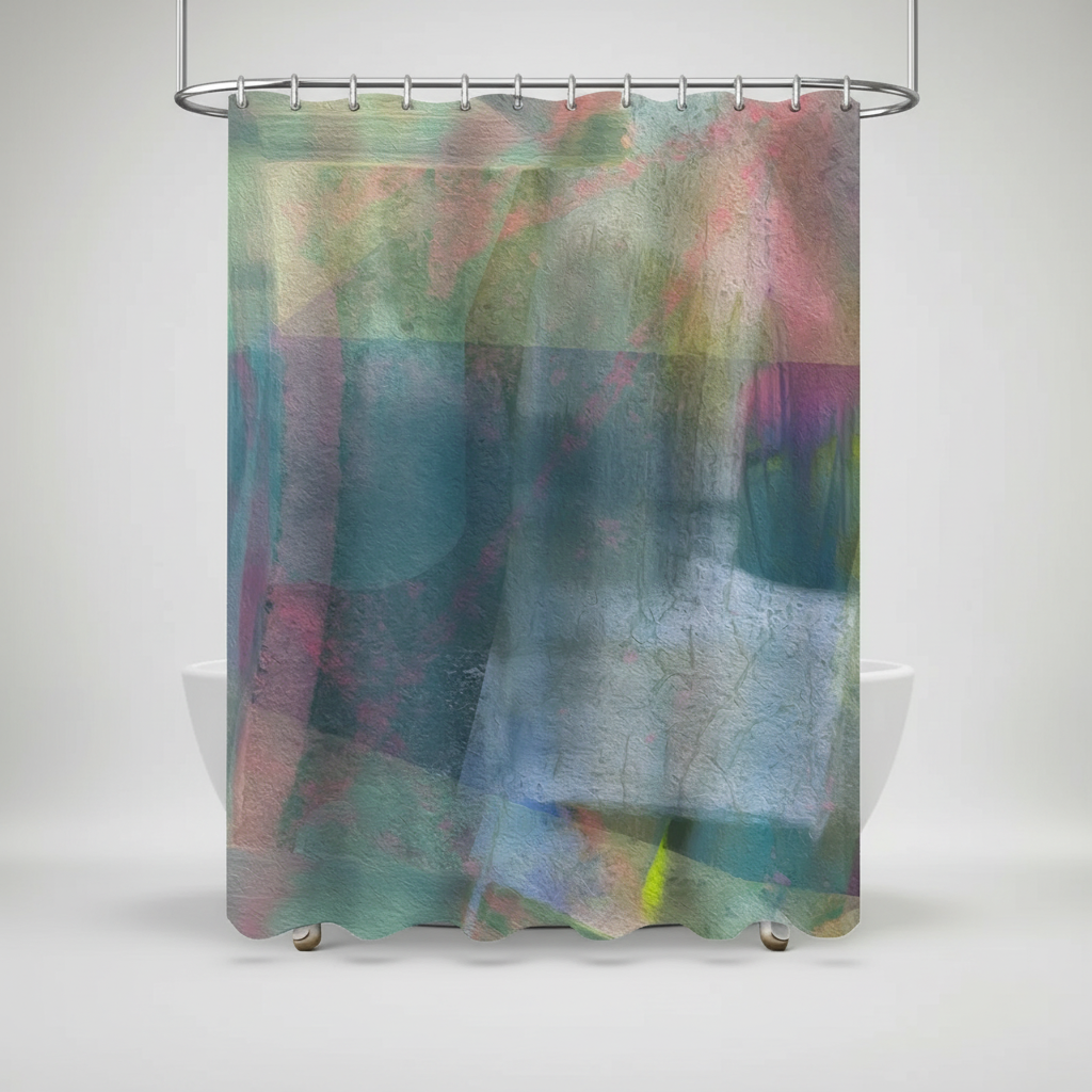 Watercolor-style abstract nebula shower curtain, durable polyester, waterproof, vibrant colors for home decor.