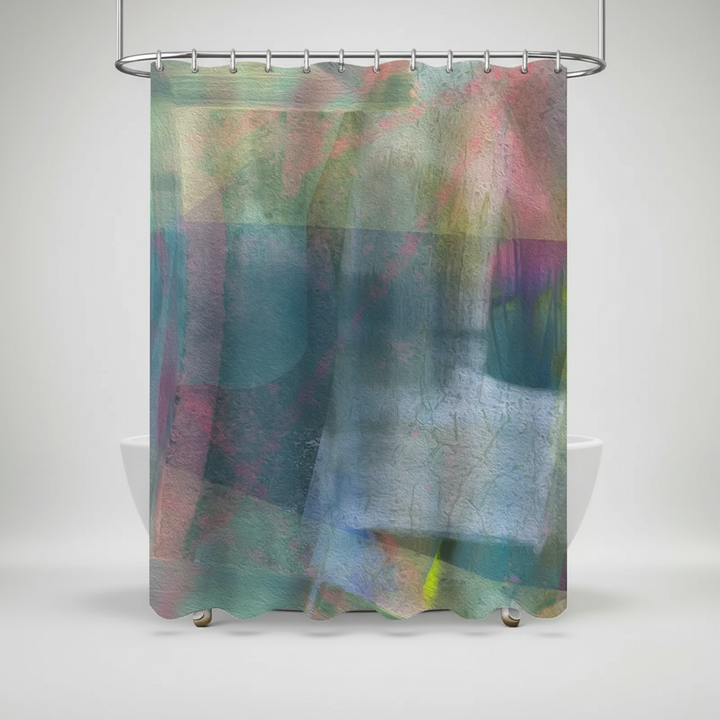Watercolor-style abstract nebula shower curtain, durable polyester, waterproof, vibrant colors for home decor.