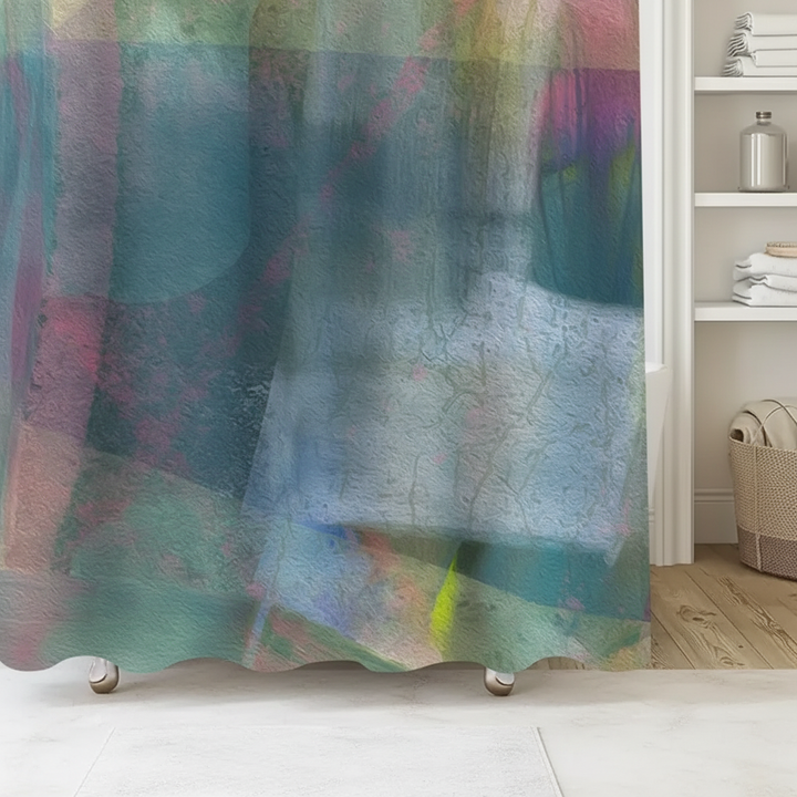 Unisex waterproof polyester shower curtain featuring an abstract nebula pattern, ideal for a contemporary bathroom.