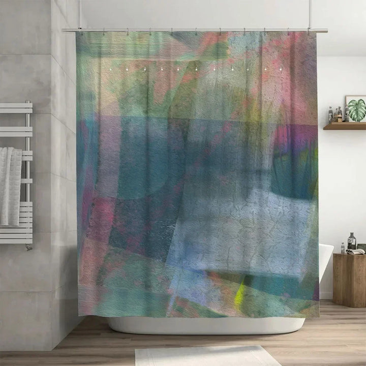 Easy care multicolor abstract art shower curtain made of waterproof polyester, enhancing any bath accessory set.