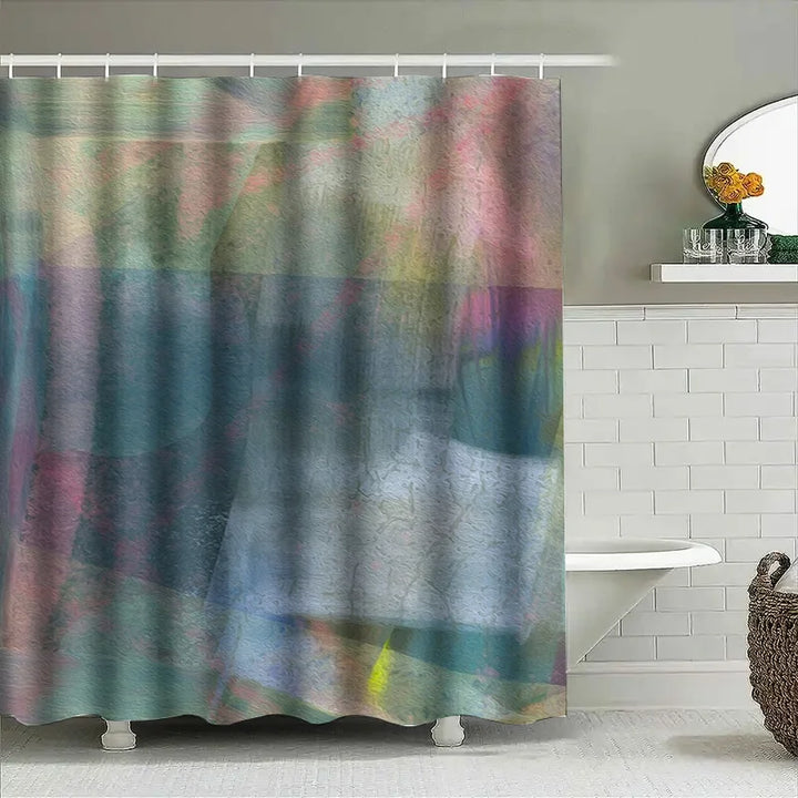 Decorative waterproof polyester shower curtain showcasing unique abstract nebula artwork, perfect for bathroom styling.