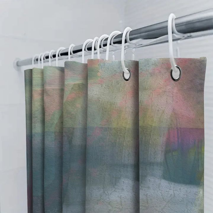 Vibrant abstract nebula design on a waterproof polyester shower curtain, adding an artistic touch to bathroom decor.
