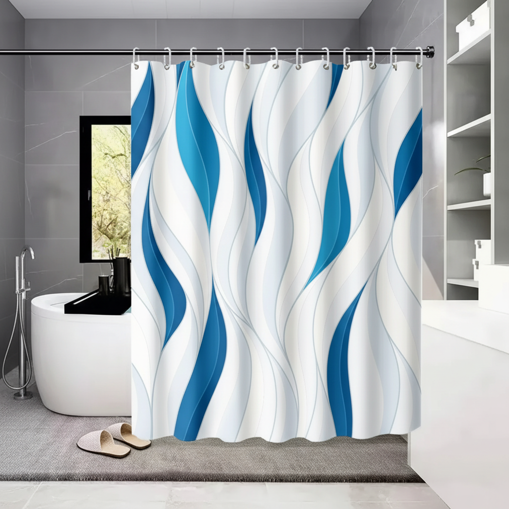 Abstract blue waterproof shower curtain with modern design, easy to clean polyester bathroom decor.
