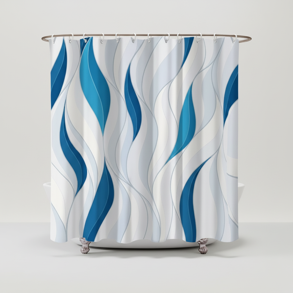 Shower curtain with striking blue abstract design, waterproof polyester for modern bathroom decor.