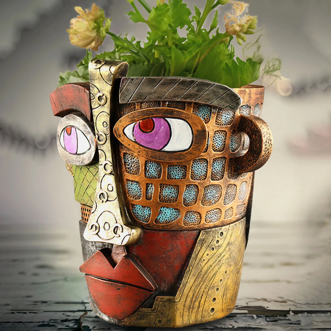 Unique abstract face ornament planter, durable plastic, a great home accent gift.