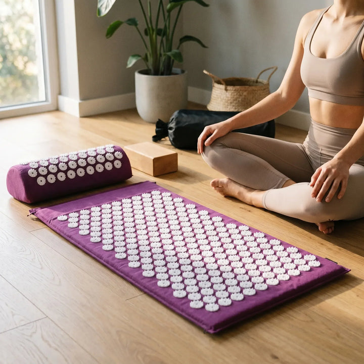 Acupressure mat and pillow set in blue, designed for back and neck pain relief and muscle relaxation. Promotes wellness.