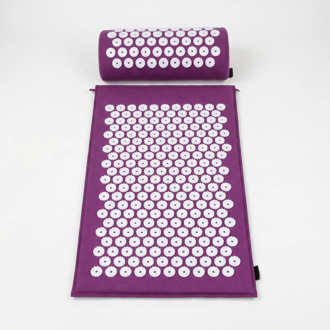 Acupressure mat and pillow combo for targeted back, shoulder, and neck relief; ideal for stress and muscle relaxation.