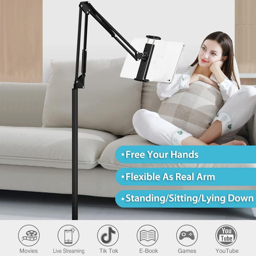 Movira adjustable floor stand with gooseneck arm securely holding a tablet for comfortable use