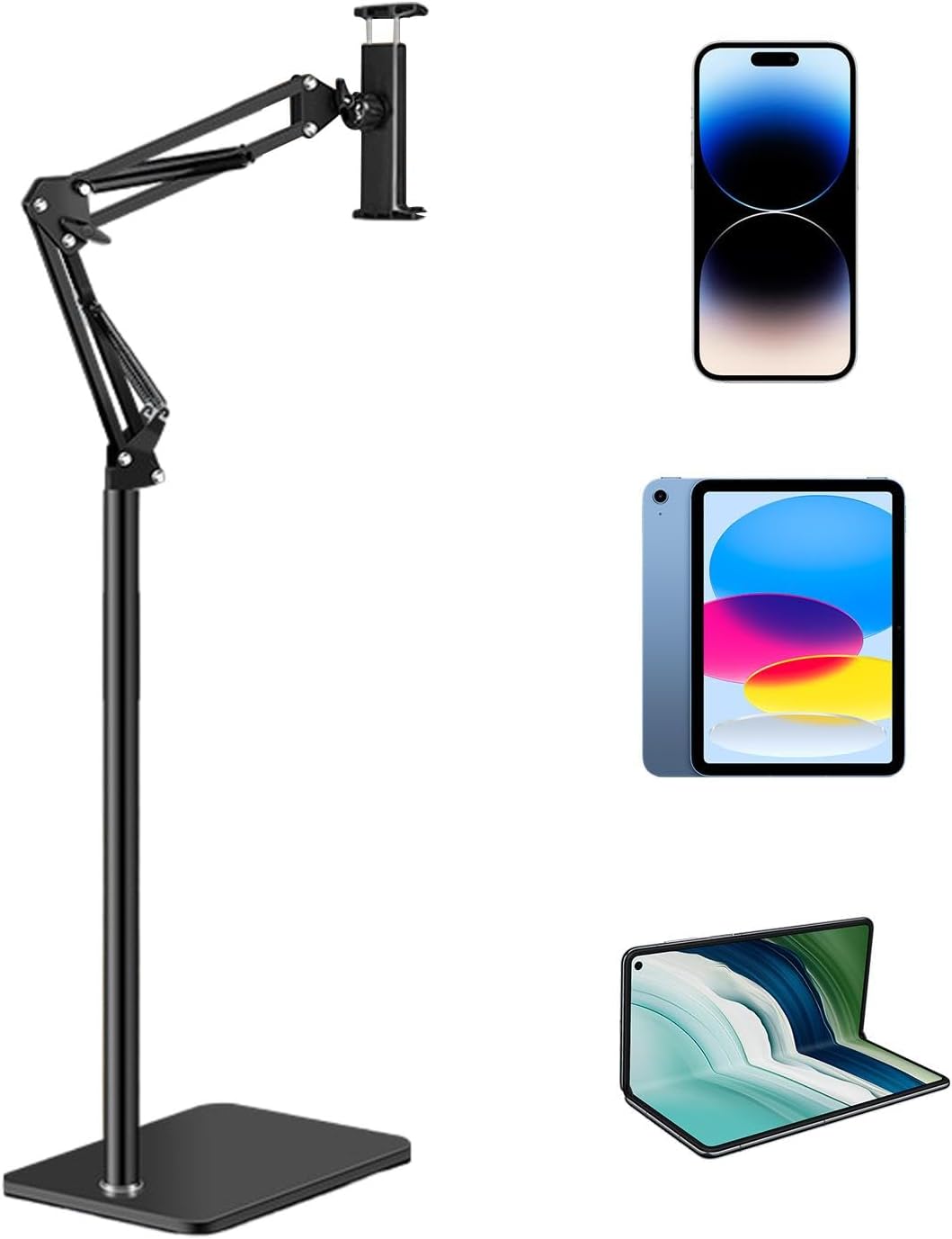 Flexible floor stand for smartphones and tablets, allowing 360-degree rotation for versatile use