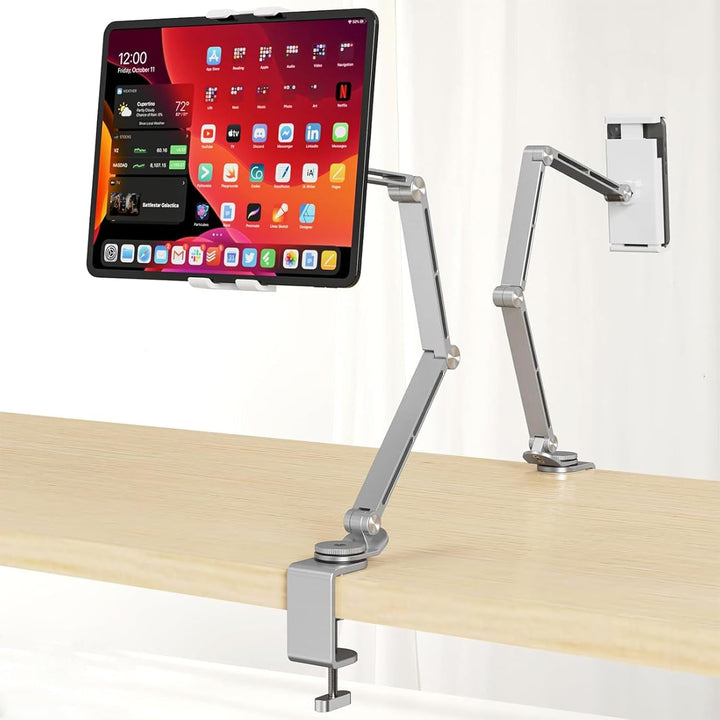 Adjustable aluminum tablet desk stand, 360° rotation for smartphones and tablets, silver finish