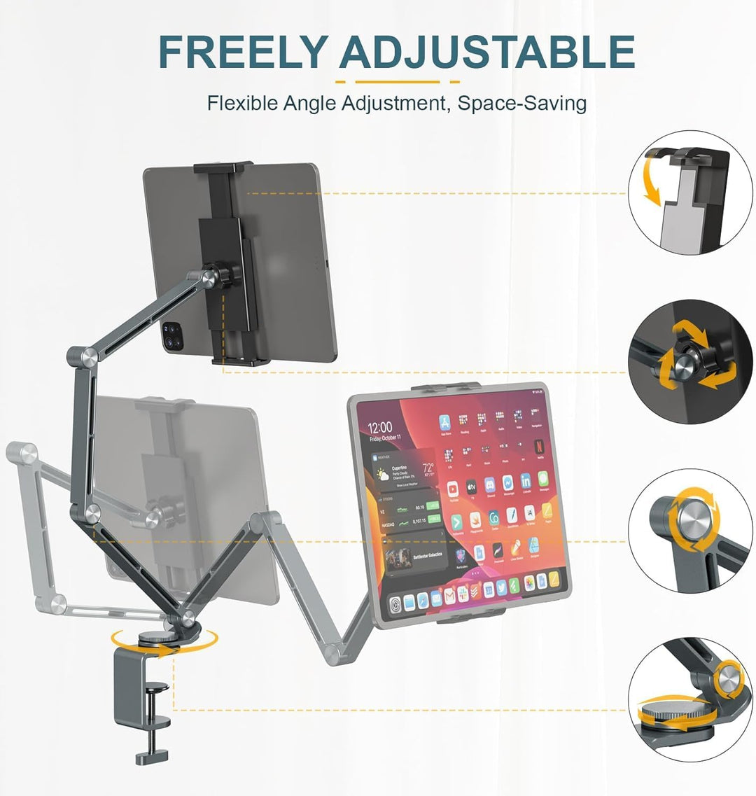 Modern silver aluminum stand for tablets & phones, 360° rotation, essential desk accessory